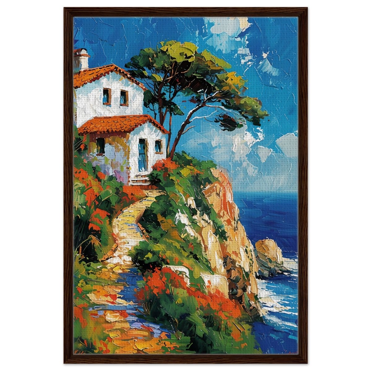 Rustic Escape by the Sea | Modern Expressionist Nature wall art print | Contemporary Seascape Wall Art - Framed Canvas - 30x45 cm / 12x18″ - Dark wood frame