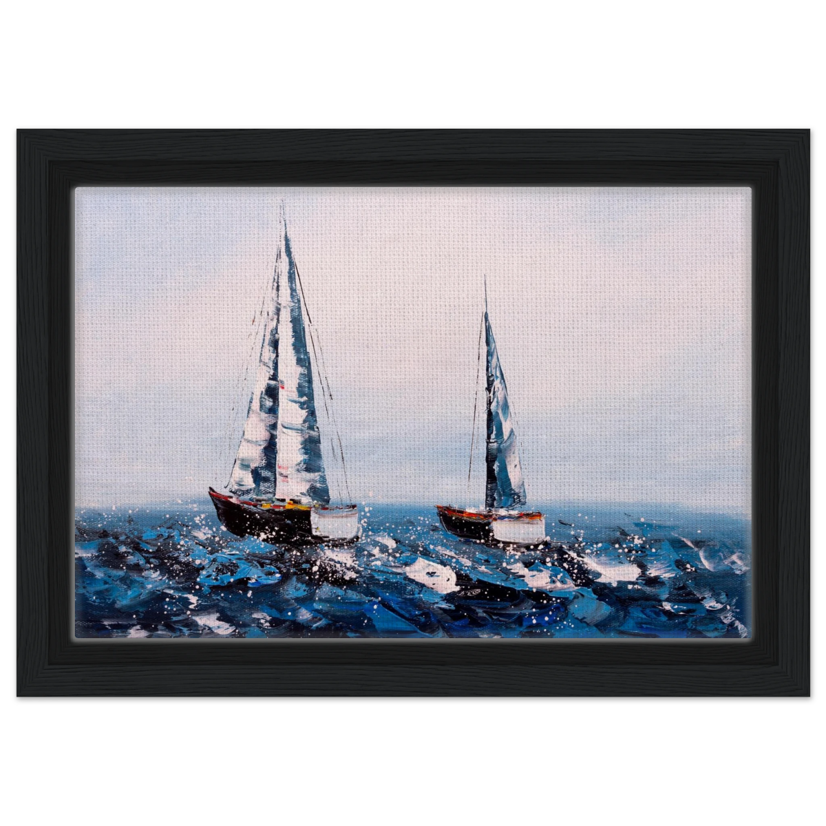 Sailing the Waves – Nautical Seascape Wall Art Print - Framed Canvas - 20x30 cm / 8x12″ - Black frame