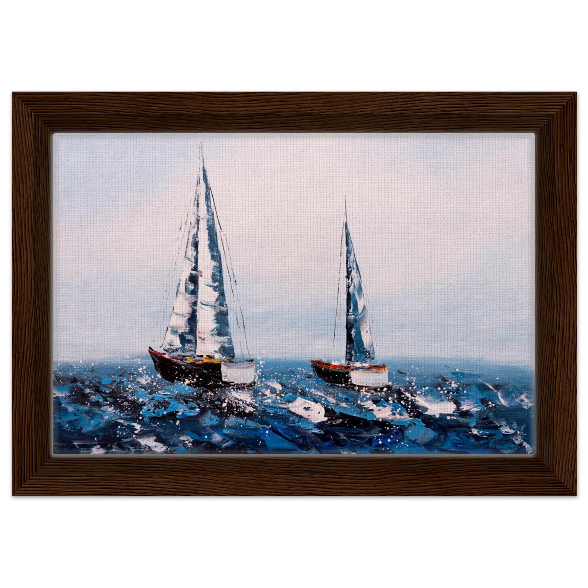 Sailing the Waves – Nautical Seascape Wall Art Print - Framed Canvas - 20x30 cm / 8x12″ - Dark wood frame