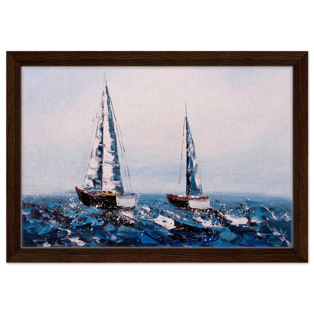 Sailing the Waves – Nautical Seascape Wall Art Print - Framed Canvas - 30x45 cm / 12x18″ - Dark wood frame