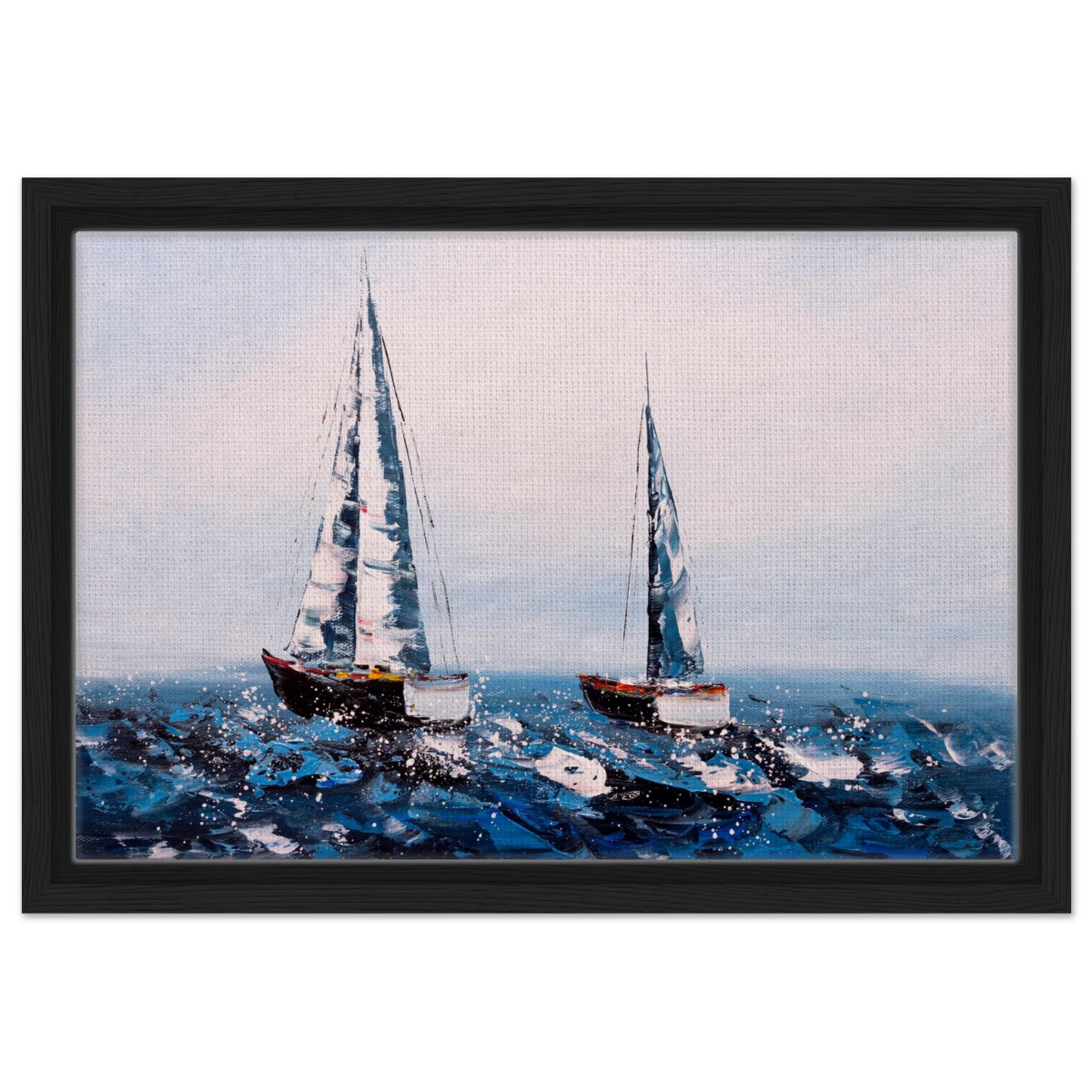 Sailing the Waves – Nautical Seascape Wall Art Print - Framed Canvas - 30x45 cm / 12x18″ - Black frame