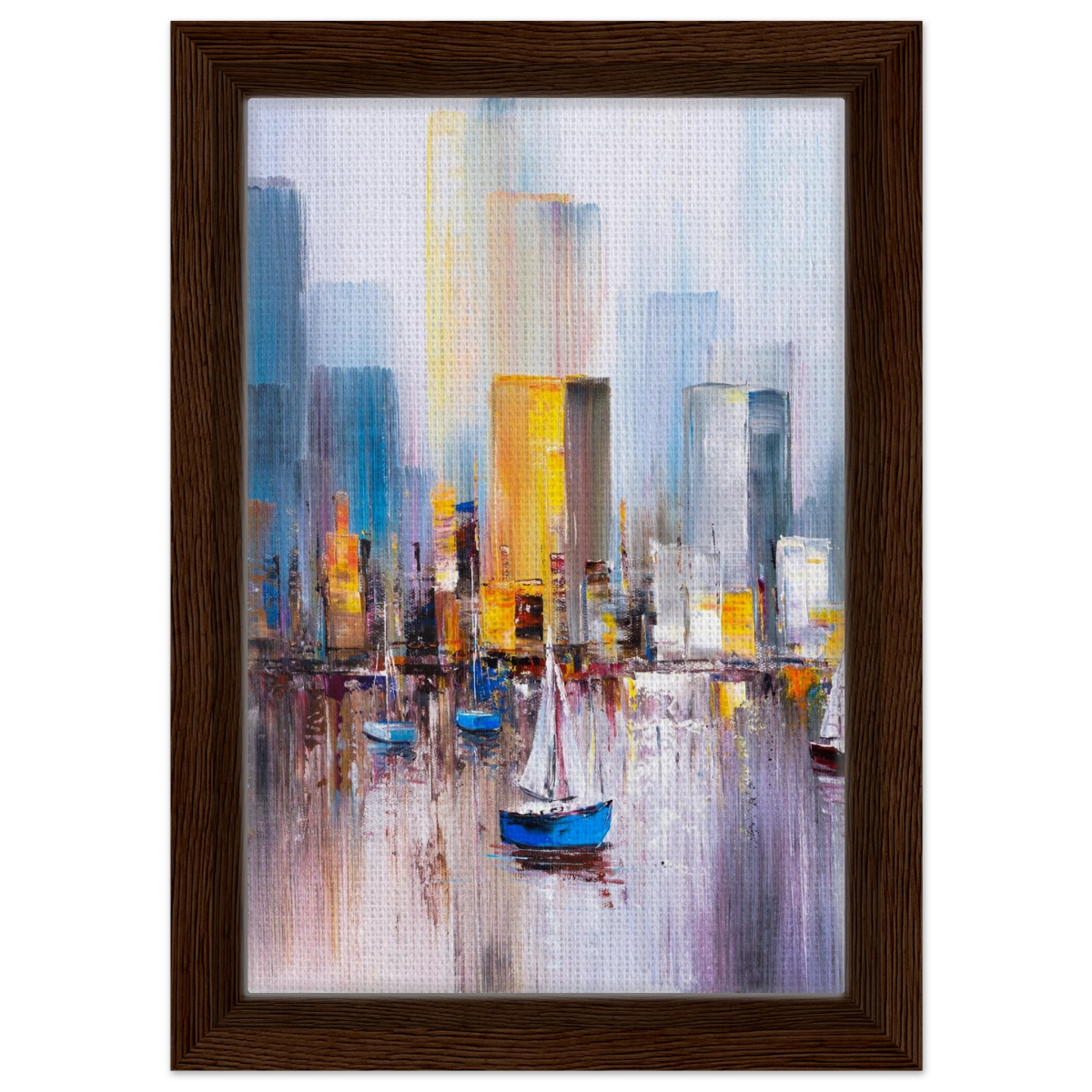 “Sails & Skylines” – Urban Reflections in Motion | Modern Wall art Print - Framed Canvas - 20x30 cm / 8x12″ - Dark wood frame