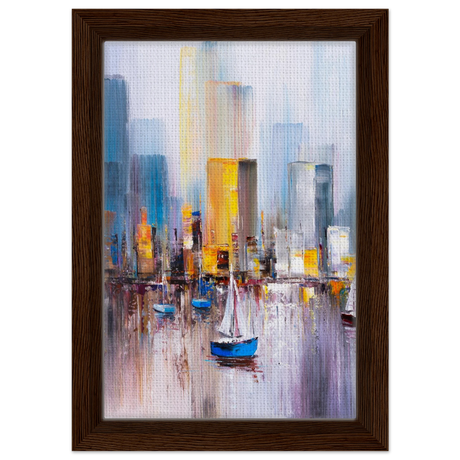 “Sails & Skylines” – Urban Reflections in Motion | Modern Wall art Print - Framed Canvas - 20x30 cm / 8x12″ - Dark wood frame