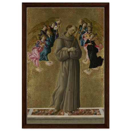 Saint Francis of Assisi with Angels by Sandro Botticelli | Vintage art Wall art print - 40x60 cm / 16x24″ - Framed Canvas - Dark wood frame