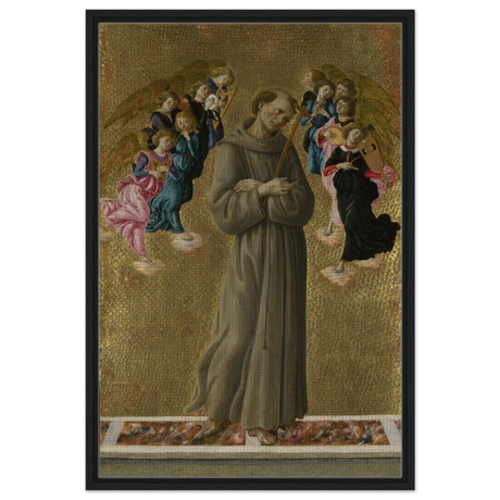 Saint Francis of Assisi with Angels by Sandro Botticelli | Vintage art Wall art print - 60x90 cm / 24x36″ - Framed Canvas - Black frame