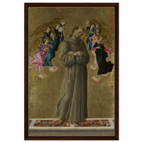 Saint Francis of Assisi with Angels by Sandro Botticelli | Vintage art Wall art print - 50x75 cm / 20x30″ - Framed Canvas - Dark wood frame