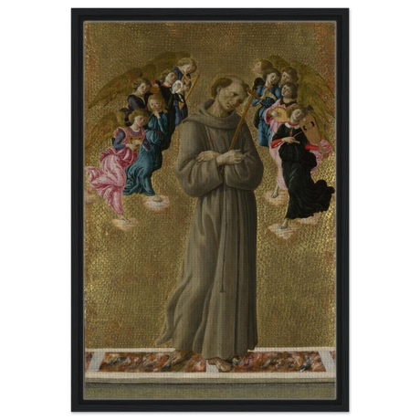 Saint Francis of Assisi with Angels by Sandro Botticelli | Vintage art Wall art print - 50x75 cm / 20x30″ - Framed Canvas - Black frame