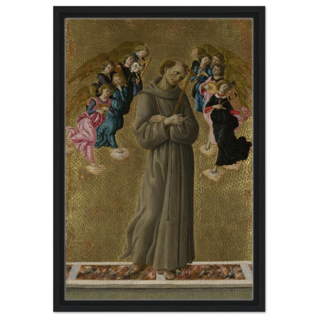 Saint Francis of Assisi with Angels by Sandro Botticelli | Vintage art Wall art print - 40x60 cm / 16x24″ - Framed Canvas - Black frame