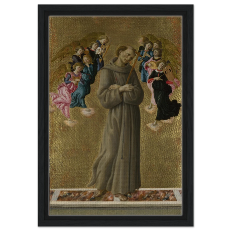Saint Francis of Assisi with Angels by Sandro Botticelli | Vintage art Wall art print - 30x45 cm / 12x18″ - Framed Canvas - Black frame