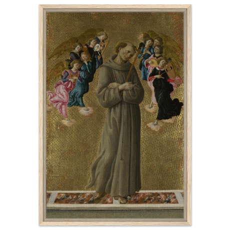 Saint Francis of Assisi with Angels by Sandro Botticelli | Vintage art Wall art print - 50x75 cm / 20x30″ - Framed Canvas - Wood frame