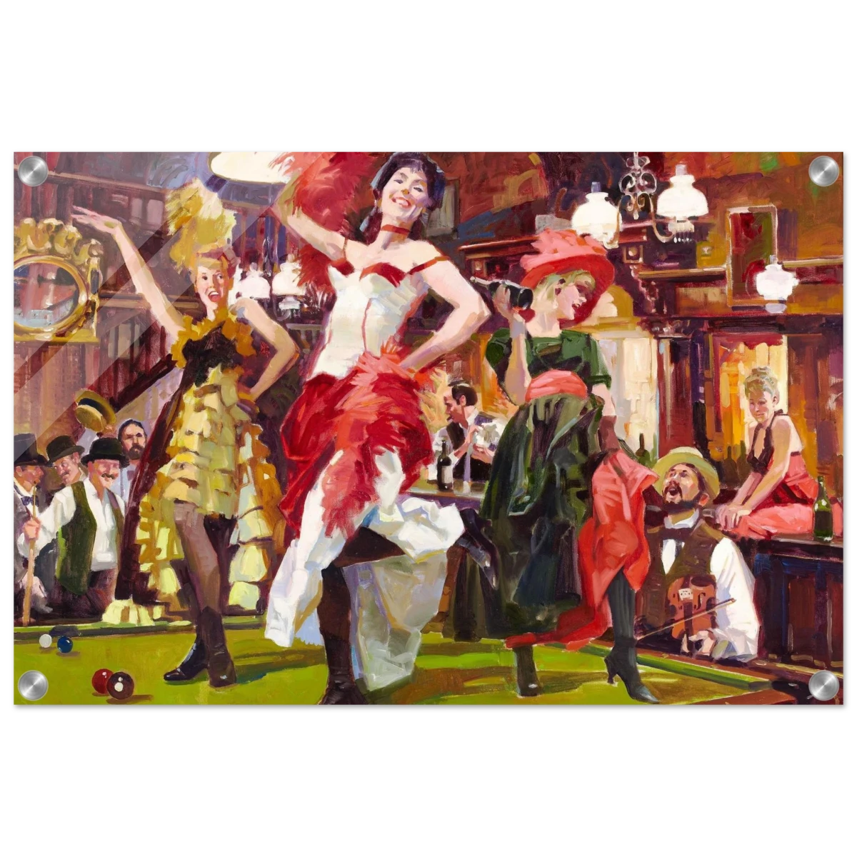 "Saloon Soirée" – Can - Can Dancers in a Wild West Saloon by Bob Byerley | Vintage Western Wall Art Print - Acrylic Print - 40x60 cm / 16x24″ - 
