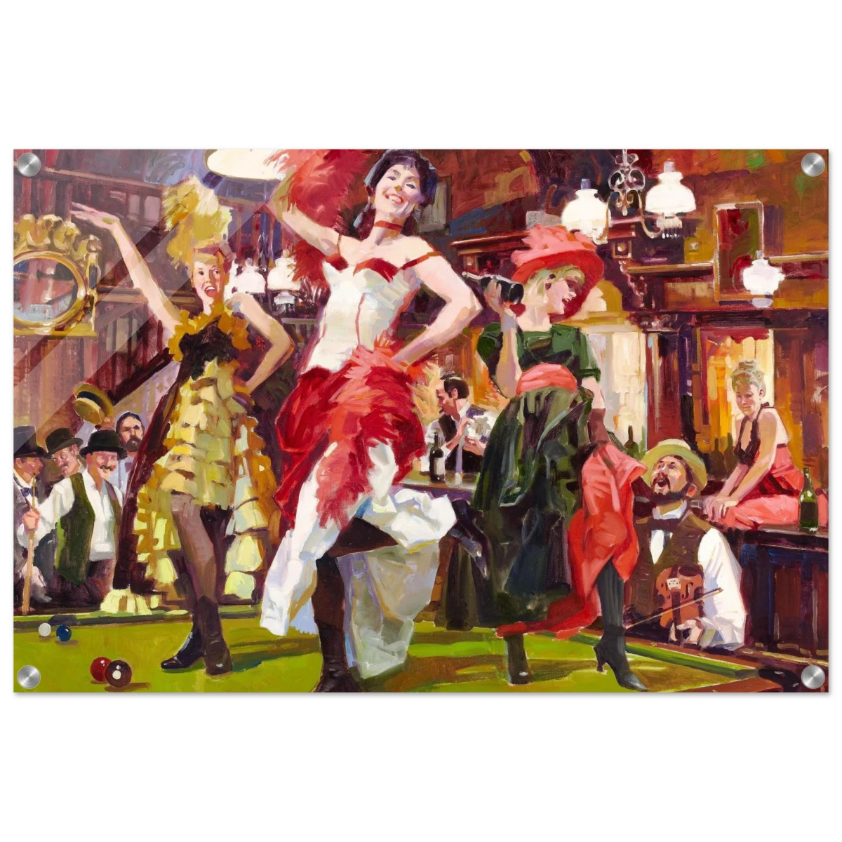 "Saloon Soirée" – Can - Can Dancers in a Wild West Saloon by Bob Byerley | Vintage Western Wall Art Print - Acrylic Print - 50x75 cm / 20x30″ - 
