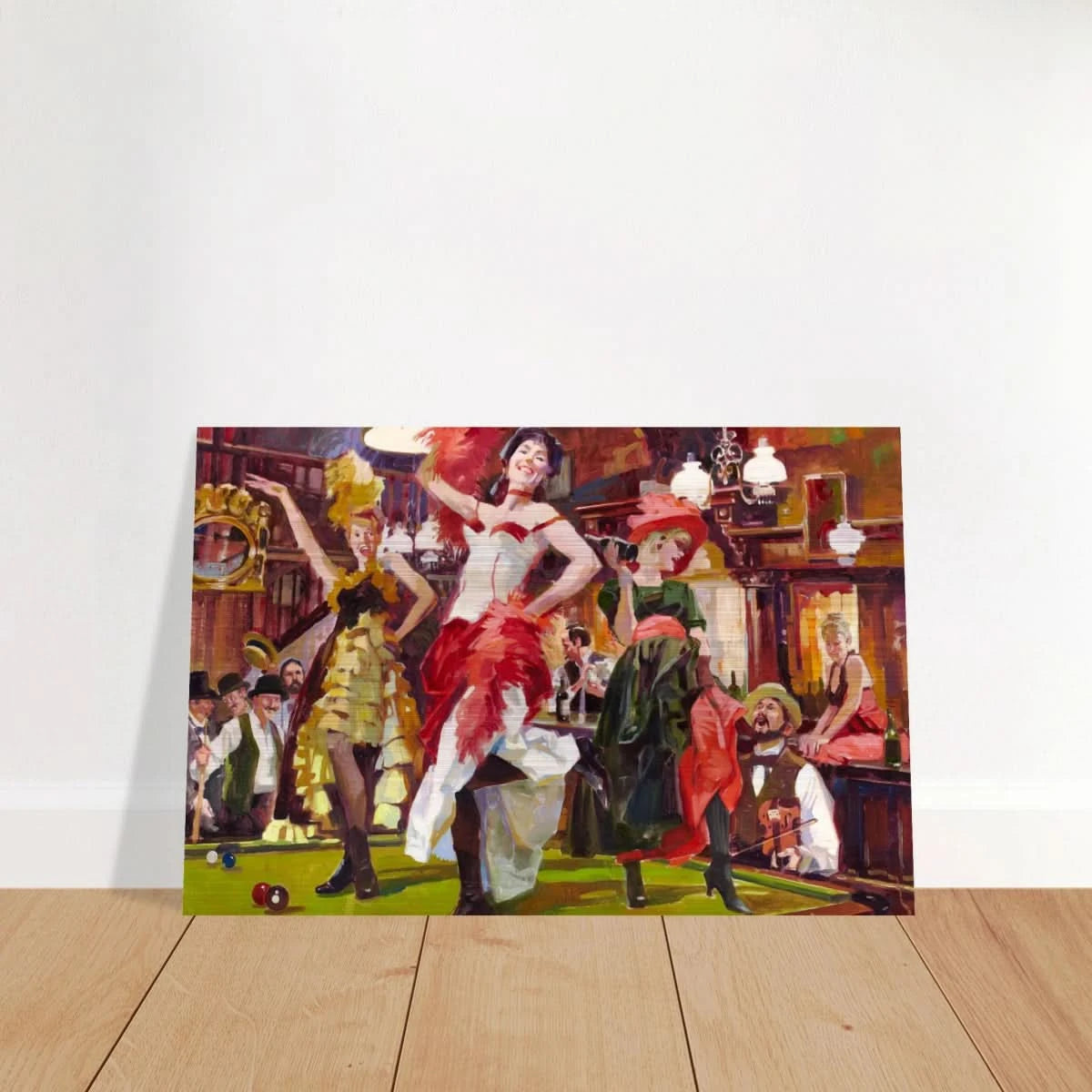 "Saloon Soirée" – Can - Can Dancers in a Wild West Saloon by Bob Byerley | Vintage Western Wall Art Print - Brushed Aluminum Print - 50x75 cm / 20x30″ - 