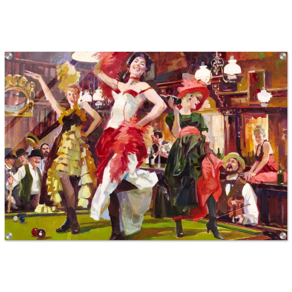 "Saloon Soirée" – Can - Can Dancers in a Wild West Saloon by Bob Byerley | Vintage Western Wall Art Print - Acrylic Print - 60x90 cm / 24x36″ - 