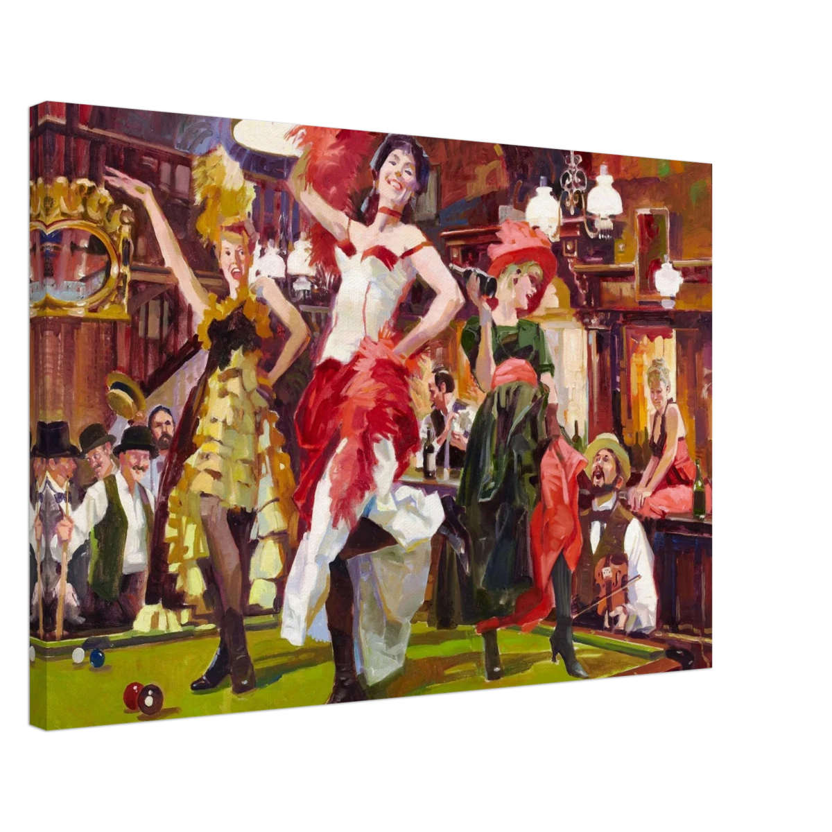 "Saloon Soirée" – Can - Can Dancers in a Wild West Saloon by Bob Byerley | Vintage Western Wall Art Print - Canvas - 50x75 cm / 20x30″ - 