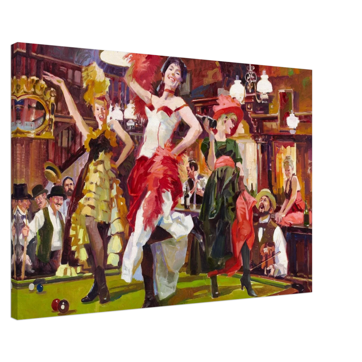 "Saloon Soirée" – Can - Can Dancers in a Wild West Saloon by Bob Byerley | Vintage Western Wall Art Print - Canvas - 60x90 cm / 24x36″ - 