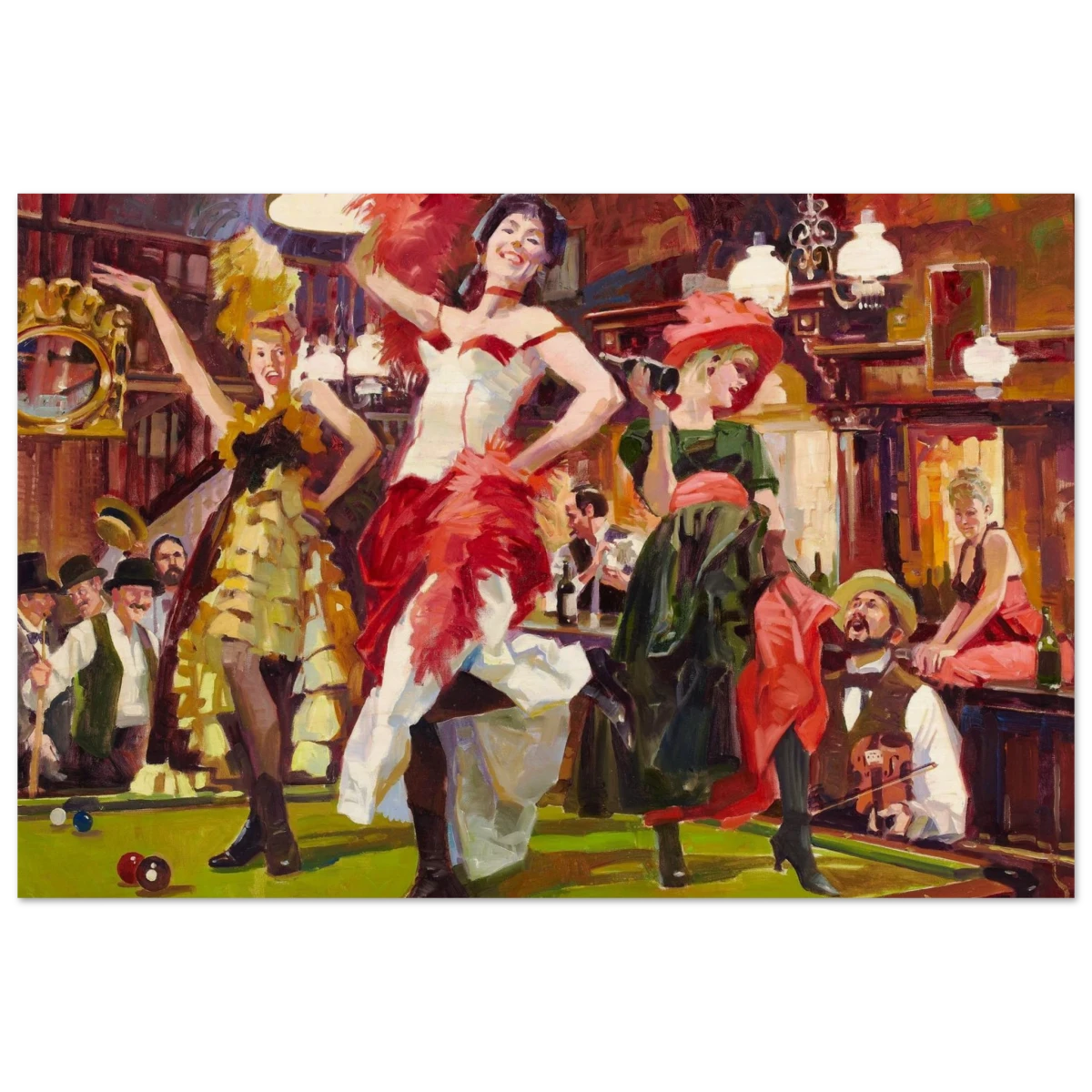 "Saloon Soirée" – Can - Can Dancers in a Wild West Saloon by Bob Byerley | Vintage Western Wall Art Print - Wood Prints - 50x75 cm / 20x30″ - 