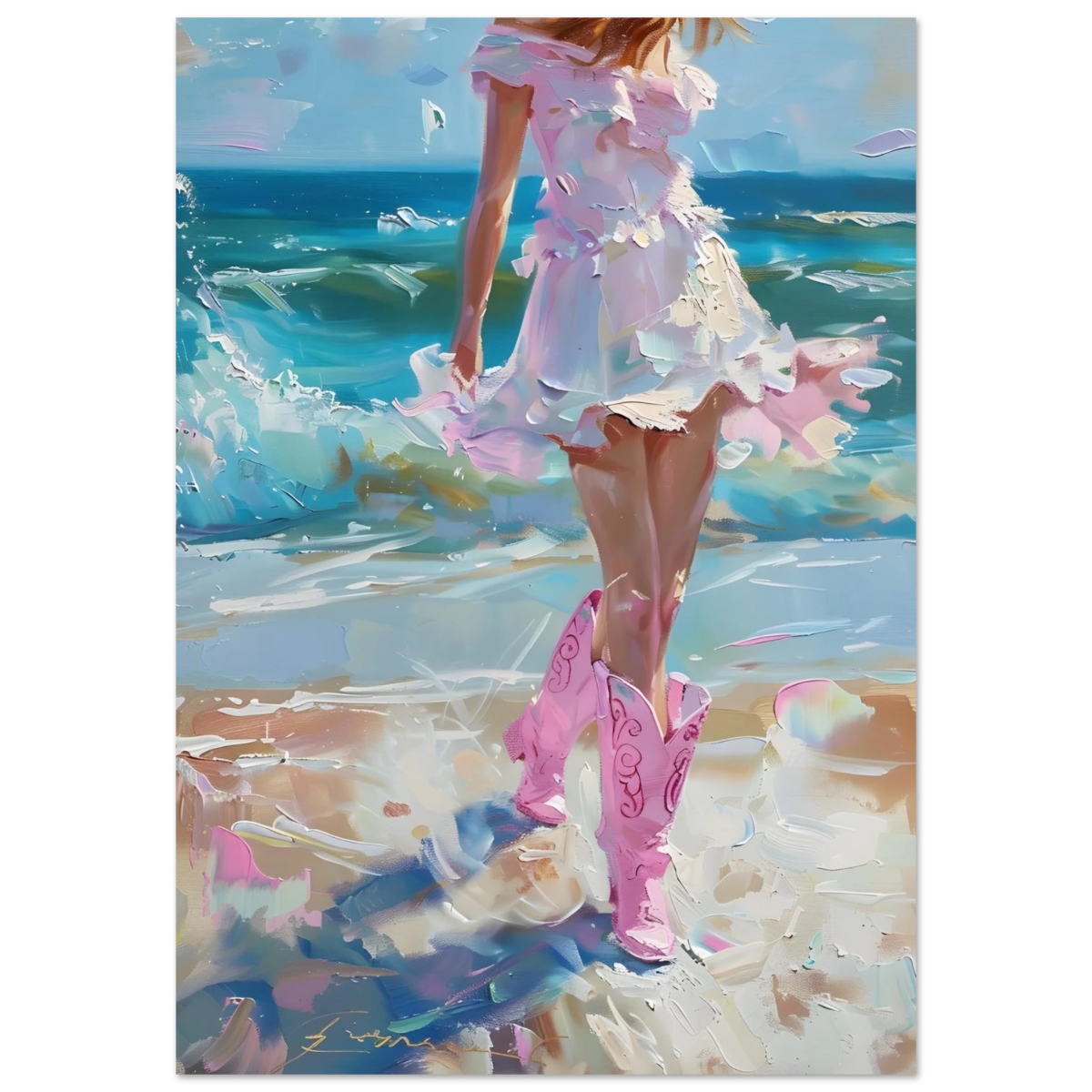 "Seaside Sass" – Pink Boots & Ocean Breeze | Wall Art Print - Fine Art Poster - 70x100 cm / 28x40″ - 