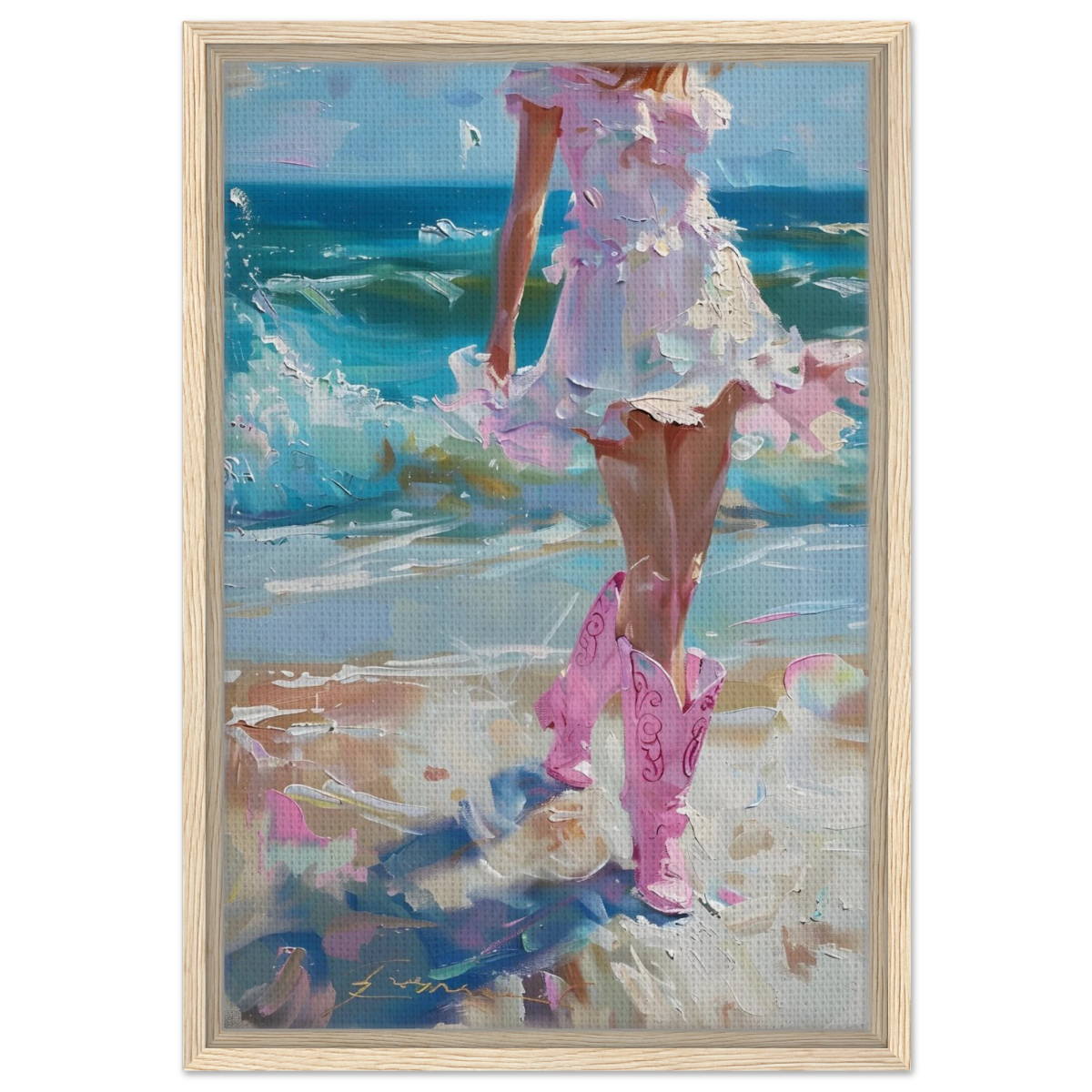 "Seaside Sass" – Pink Boots & Ocean Breeze | Wall Art Print - Framed Canvas - 40x60 cm / 16x24″ - Wood frame
