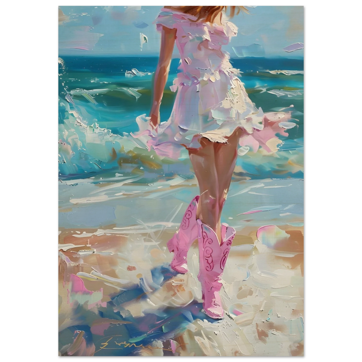 "Seaside Sass" – Pink Boots & Ocean Breeze | Wall Art Print - Wood Prints - 70x100 cm / 28x40″ - 