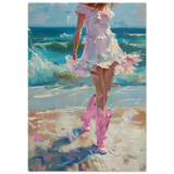"Seaside Sass" – Pink Boots & Ocean Breeze | Wall Art Print - Wood Prints - 70x100 cm / 28x40″ - 