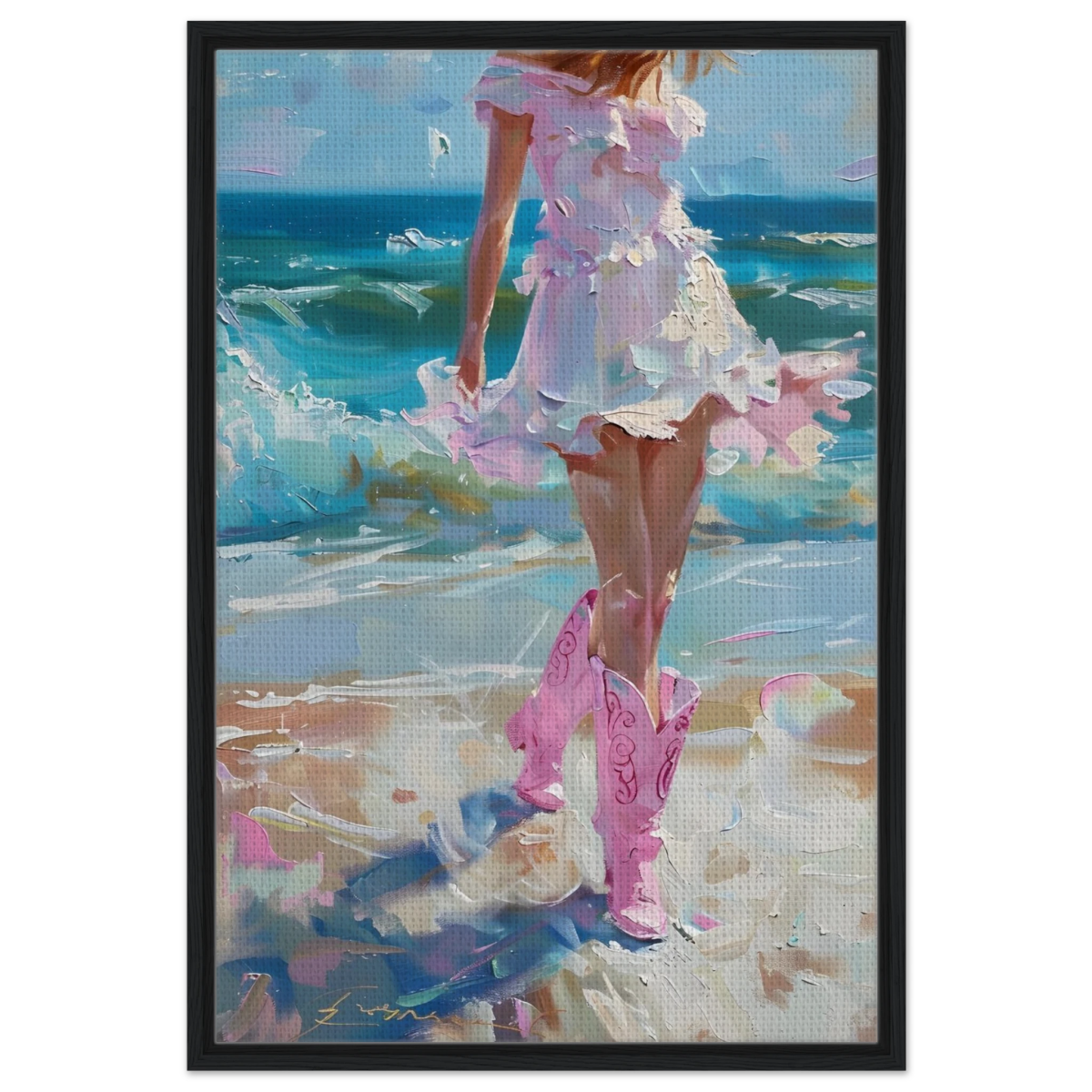 "Seaside Sass" – Pink Boots & Ocean Breeze | Wall Art Print - Framed Canvas - 60x90 cm / 24x36″ - Black frame