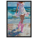 "Seaside Sass" – Pink Boots & Ocean Breeze | Wall Art Print - Framed Canvas - 60x90 cm / 24x36″ - Black frame