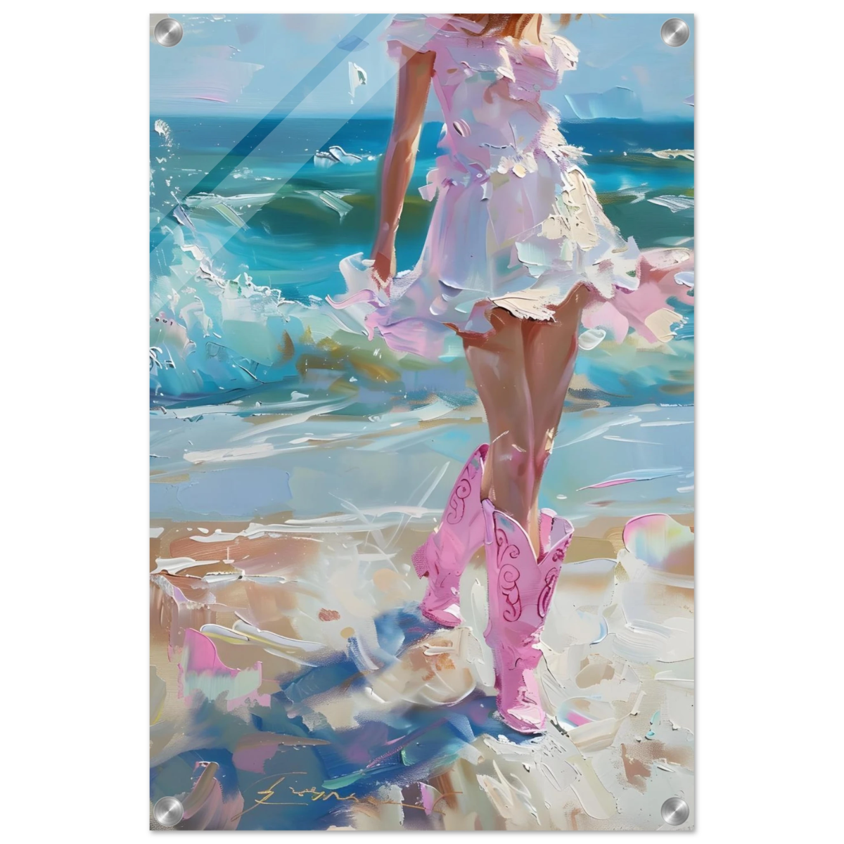 "Seaside Sass" – Pink Boots & Ocean Breeze | Wall Art Print - Acrylic Print - 40x60 cm / 16x24″ - 