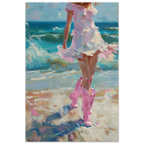 "Seaside Sass" – Pink Boots & Ocean Breeze | Wall Art Print - Wood Prints - 40x60 cm / 16x24″ - 