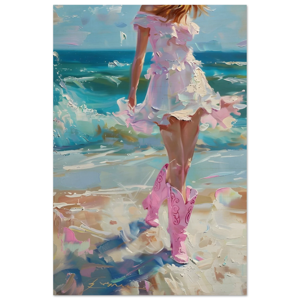 "Seaside Sass" – Pink Boots & Ocean Breeze | Wall Art Print - Wood Prints - 30x45 cm / 12x18″ - 