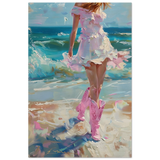 "Seaside Sass" – Pink Boots & Ocean Breeze | Wall Art Print - Wood Prints - 30x45 cm / 12x18″ - 