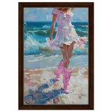"Seaside Sass" – Pink Boots & Ocean Breeze | Wall Art Print - Framed Canvas - 30x45 cm / 12x18″ - Dark wood frame