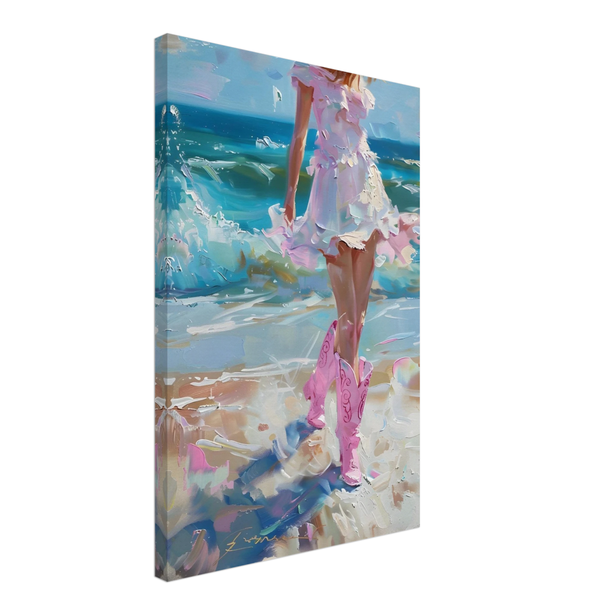"Seaside Sass" – Pink Boots & Ocean Breeze | Wall Art Print - Canvas - 40x60 cm / 16x24″ - 