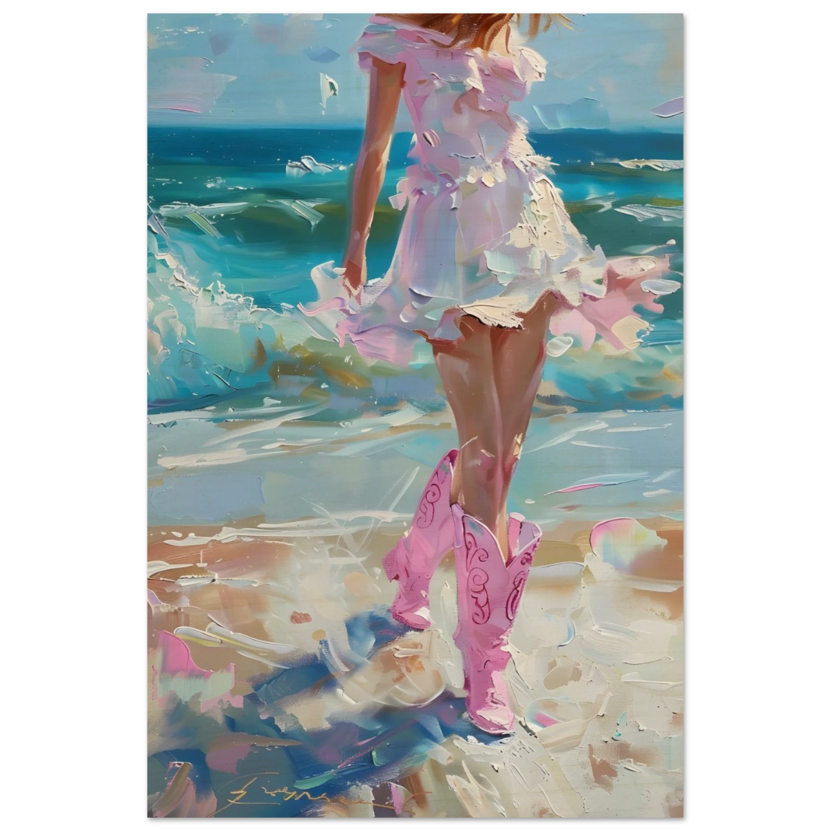 "Seaside Sass" – Pink Boots & Ocean Breeze | Wall Art Print - Wood Prints - 60x90 cm / 24x36″ - 