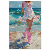 "Seaside Sass" – Pink Boots & Ocean Breeze | Wall Art Print - Wood Prints - 60x90 cm / 24x36″ - 