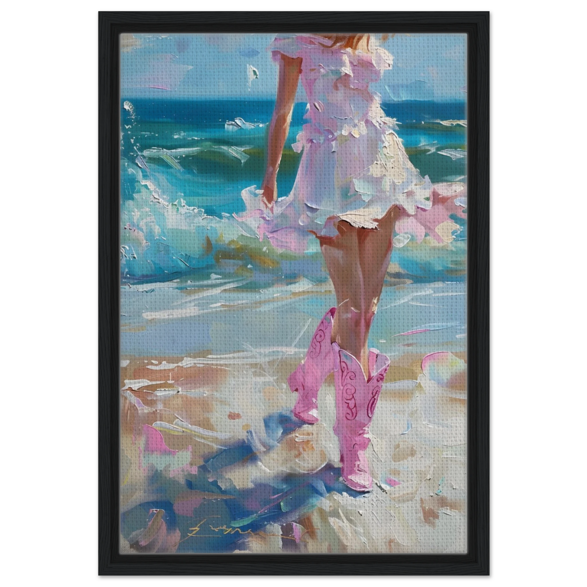"Seaside Sass" – Pink Boots & Ocean Breeze | Wall Art Print - Framed Canvas - 40x60 cm / 16x24″ - Black frame