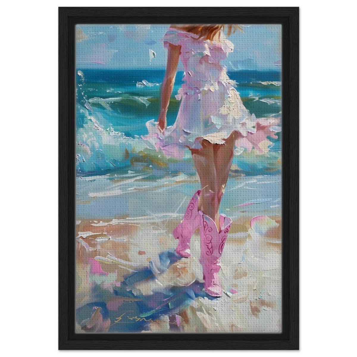"Seaside Sass" – Pink Boots & Ocean Breeze | Wall Art Print - Framed Canvas - 30x45 cm / 12x18″ - Black frame