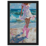 "Seaside Sass" – Pink Boots & Ocean Breeze | Wall Art Print - Framed Canvas - 30x45 cm / 12x18″ - Black frame