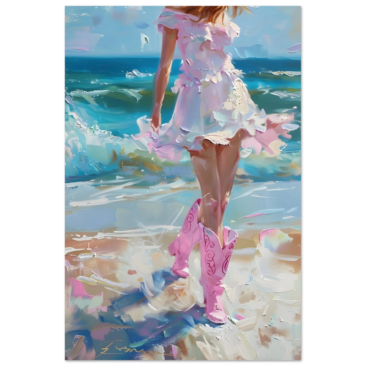 "Seaside Sass" – Pink Boots & Ocean Breeze | Wall Art Print - Fine Art Poster - 60x90 cm / 24x36″ - 