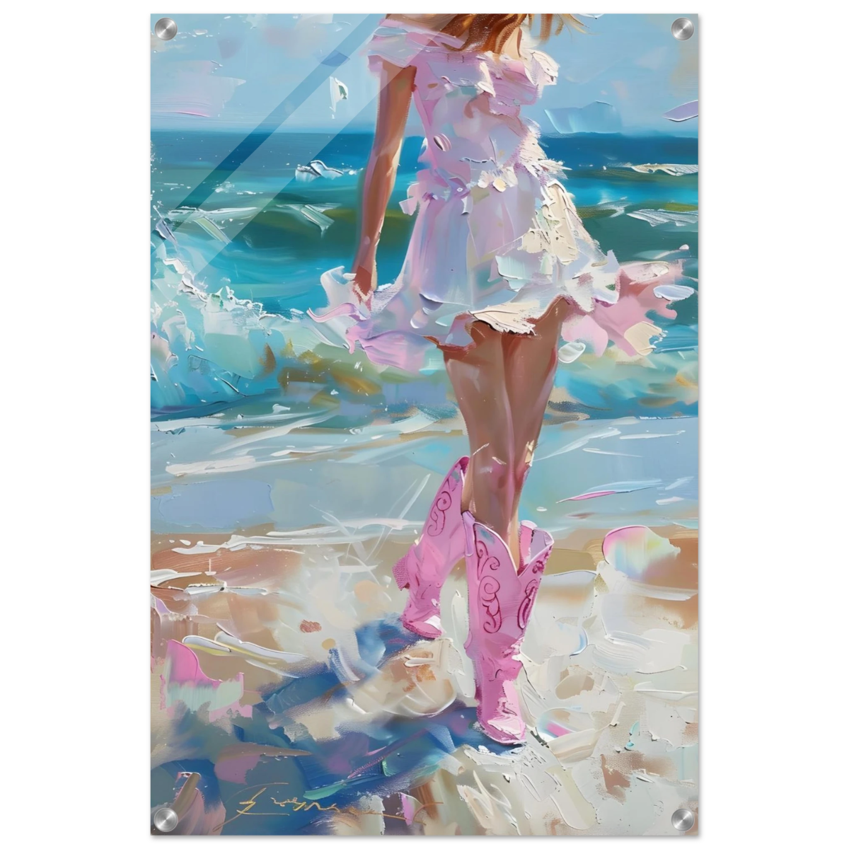 "Seaside Sass" – Pink Boots & Ocean Breeze | Wall Art Print - Acrylic Print - 50x75 cm / 20x30″ - 