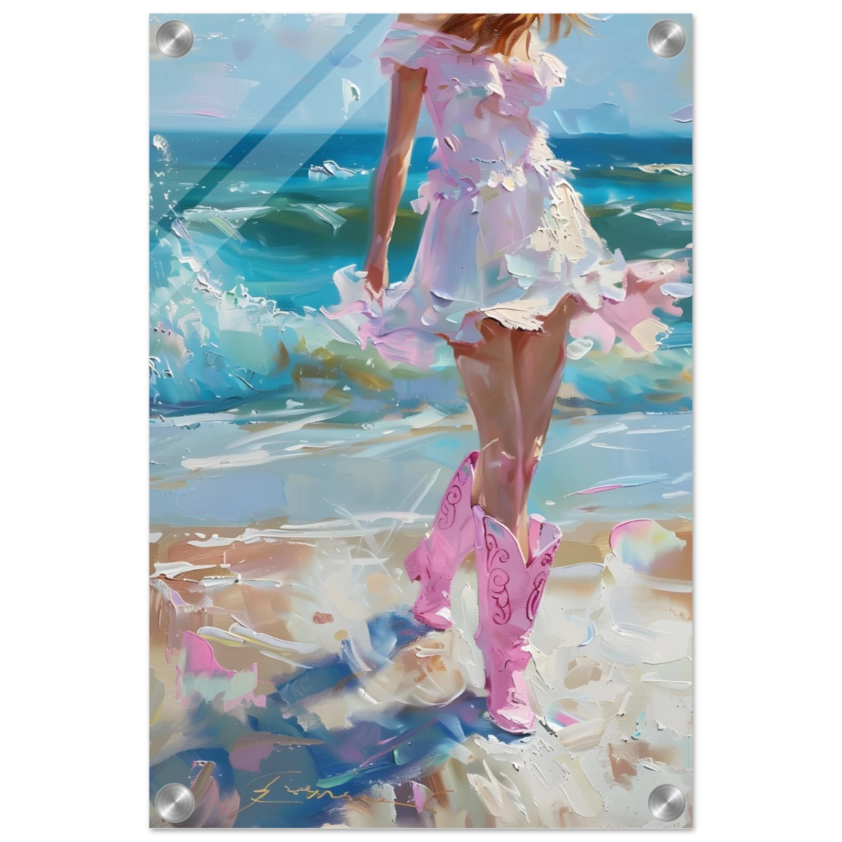 "Seaside Sass" – Pink Boots & Ocean Breeze | Wall Art Print - Acrylic Print - 30x45 cm / 12x18″ - 