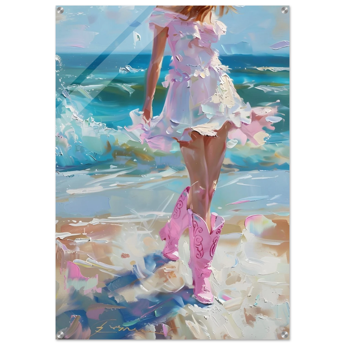 "Seaside Sass" – Pink Boots & Ocean Breeze | Wall Art Print - Acrylic Print - 70x100 cm / 28x40″ - 