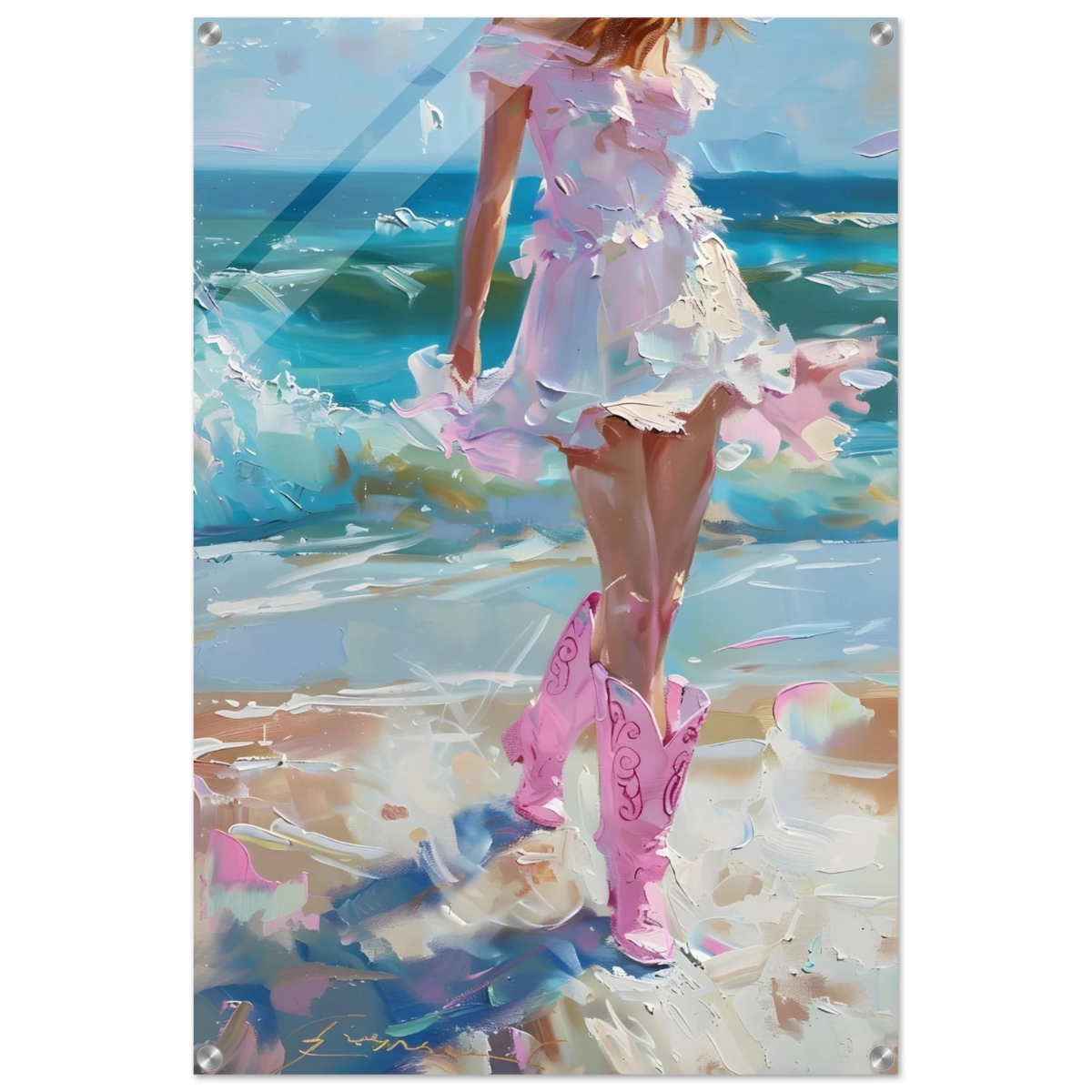 "Seaside Sass" – Pink Boots & Ocean Breeze | Wall Art Print - Acrylic Print - 60x90 cm / 24x36″ - 