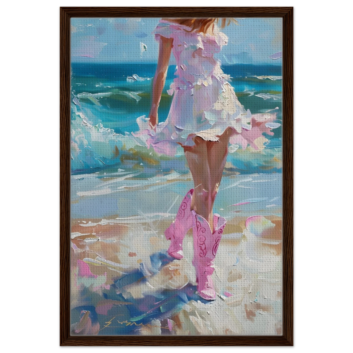 "Seaside Sass" – Pink Boots & Ocean Breeze | Wall Art Print - Framed Canvas - 50x75 cm / 20x30″ - Dark wood frame