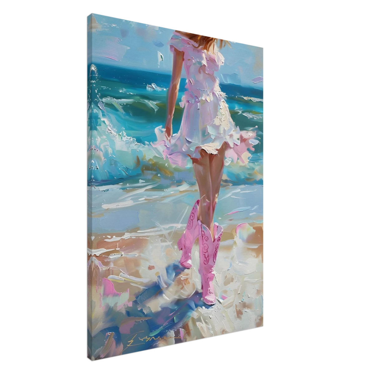 "Seaside Sass" – Pink Boots & Ocean Breeze | Wall Art Print - Canvas - 70x100 cm / 28x40″ - 