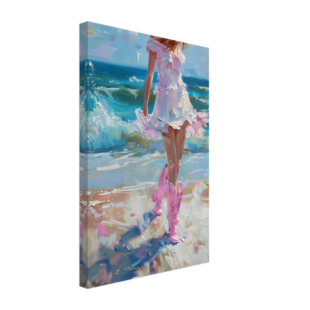 "Seaside Sass" – Pink Boots & Ocean Breeze | Wall Art Print - Canvas - 30x45 cm / 12x18″ - 