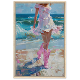"Seaside Sass" – Pink Boots & Ocean Breeze | Wall Art Print - Framed Canvas - 60x90 cm / 24x36″ - Wood frame