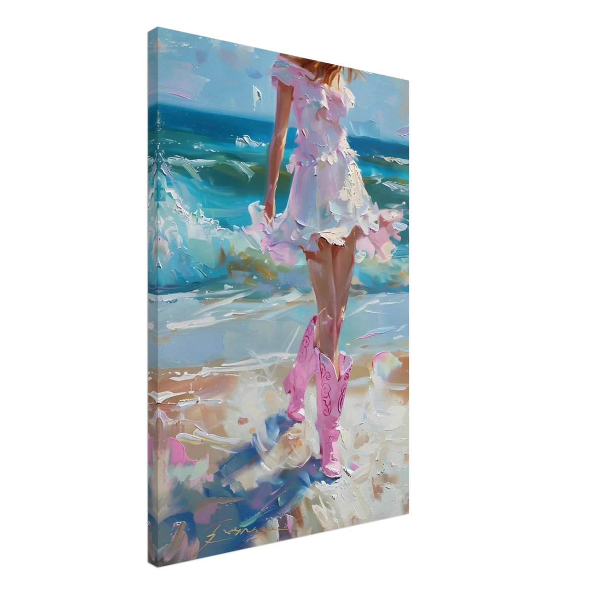 "Seaside Sass" – Pink Boots & Ocean Breeze | Wall Art Print - Canvas - 50x75 cm / 20x30″ - 