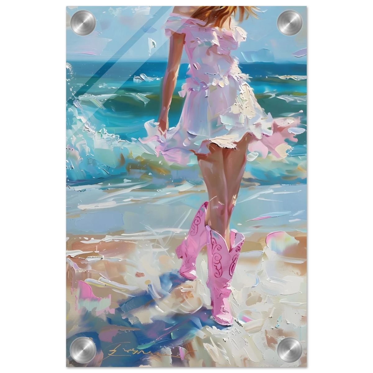 "Seaside Sass" – Pink Boots & Ocean Breeze | Wall Art Print - Acrylic Print - 20x30 cm / 8x12″ - 