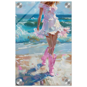 "Seaside Sass" – Pink Boots & Ocean Breeze | Wall Art Print - Acrylic Print - 20x30 cm / 8x12″ - 